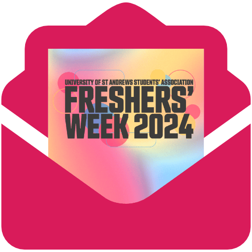 Icon of Freshers' Week 2024 on a sheet of paper coming out of an envelope